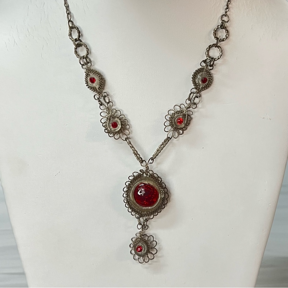 Vintage Red Medallion Wire Work Ethnic Necklace